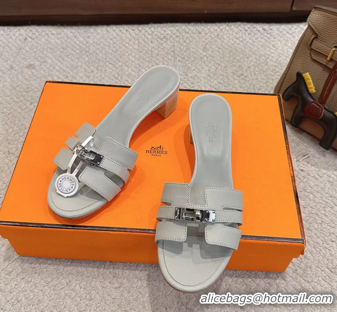 Unique Discount Hermes H Oran Kelly Buckle Heeled Slides Sandals Light Gray Calfskin Leather 50MM 6053101