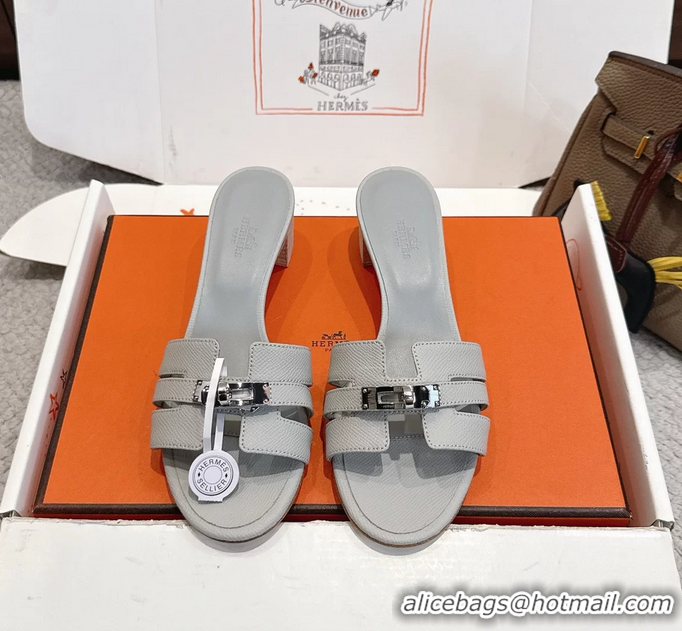 Unique Discount Hermes H Oran Kelly Buckle Heeled Slides Sandals Light Gray Calfskin Leather 50MM 6053101