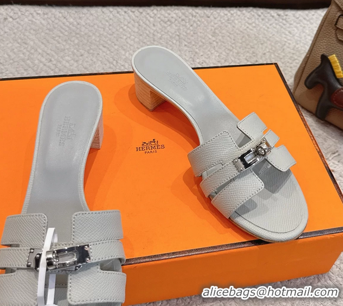 Unique Discount Hermes H Oran Kelly Buckle Heeled Slides Sandals Light Gray Calfskin Leather 50MM 6053101