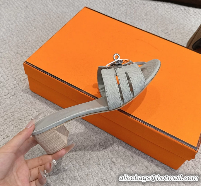 Unique Discount Hermes H Oran Kelly Buckle Heeled Slides Sandals Light Gray Calfskin Leather 50MM 6053101