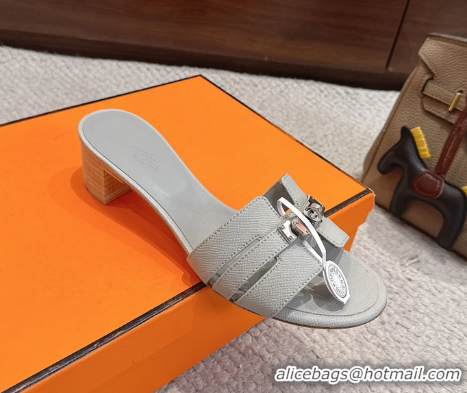 Unique Discount Hermes H Oran Kelly Buckle Heeled Slides Sandals Light Gray Calfskin Leather 50MM 6053101