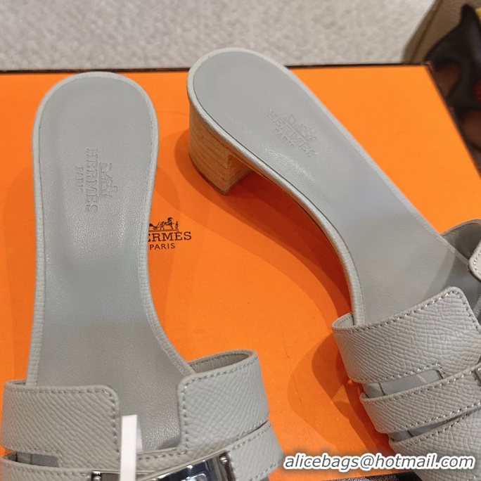 Unique Discount Hermes H Oran Kelly Buckle Heeled Slides Sandals Light Gray Calfskin Leather 50MM 6053101