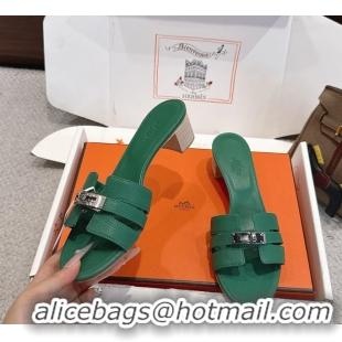 Comfortable Hermes H Oran Kelly Buckle Heeled Slides Sandals Green Calfskin Leather 50MM 6053101
