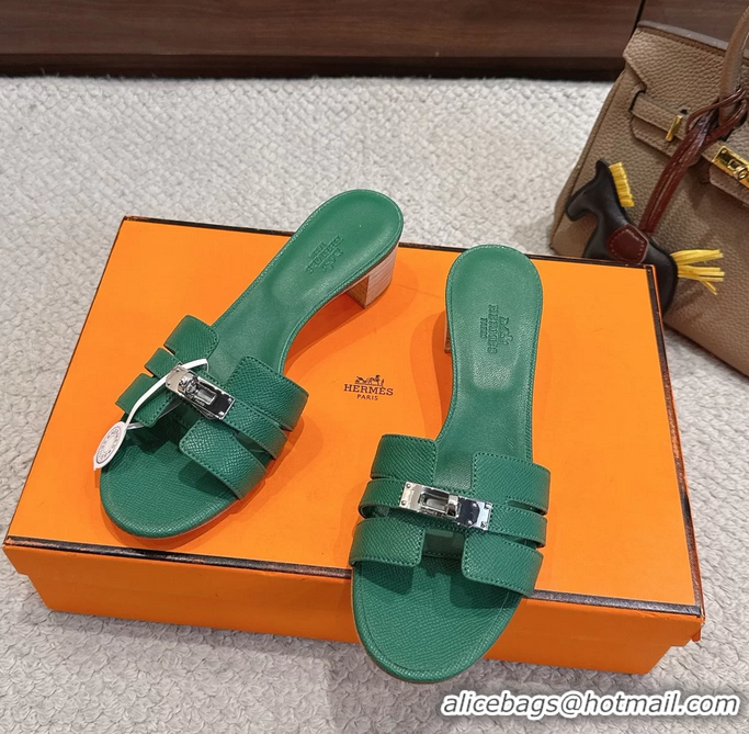 Comfortable Hermes H Oran Kelly Buckle Heeled Slides Sandals Green Calfskin Leather 50MM 6053101