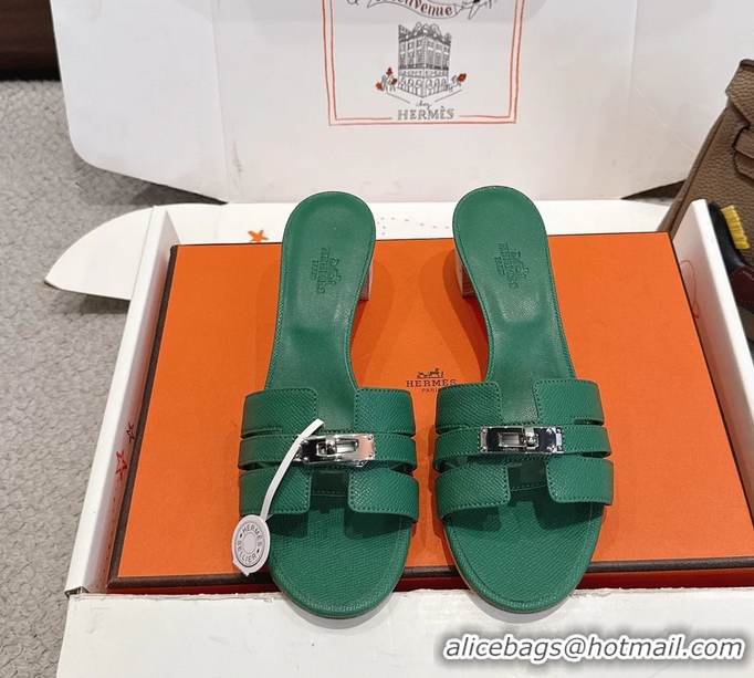 Comfortable Hermes H Oran Kelly Buckle Heeled Slides Sandals Green Calfskin Leather 50MM 6053101