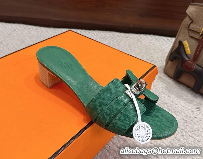 Comfortable Hermes H Oran Kelly Buckle Heeled Slides Sandals Green Calfskin Leather 50MM 6053101