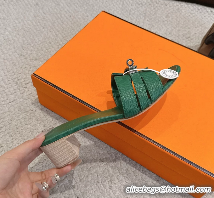 Comfortable Hermes H Oran Kelly Buckle Heeled Slides Sandals Green Calfskin Leather 50MM 6053101