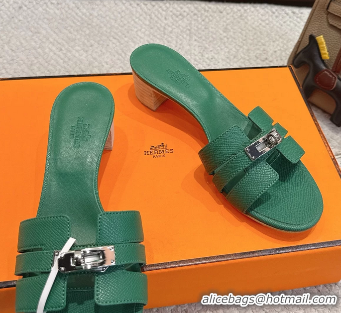Comfortable Hermes H Oran Kelly Buckle Heeled Slides Sandals Green Calfskin Leather 50MM 6053101