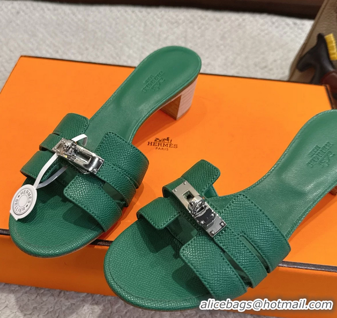 Comfortable Hermes H Oran Kelly Buckle Heeled Slides Sandals Green Calfskin Leather 50MM 6053101