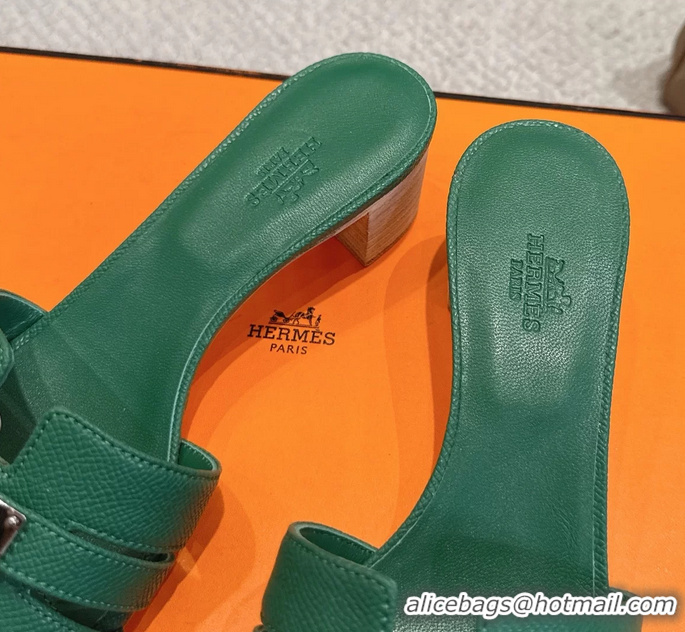 Comfortable Hermes H Oran Kelly Buckle Heeled Slides Sandals Green Calfskin Leather 50MM 6053101