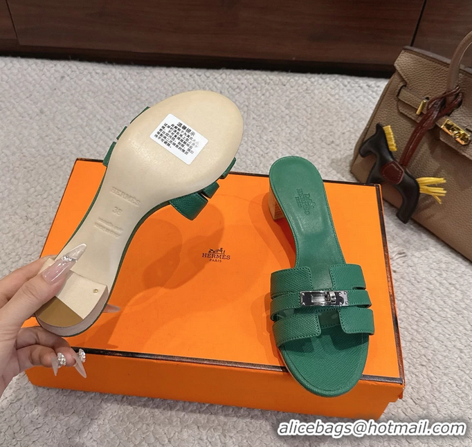 Comfortable Hermes H Oran Kelly Buckle Heeled Slides Sandals Green Calfskin Leather 50MM 6053101