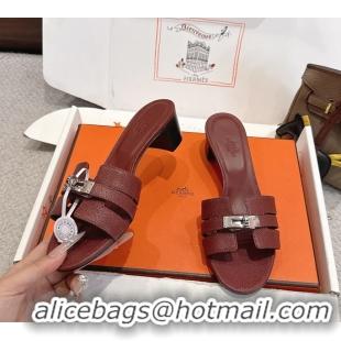 Original Cheap Hermes H Oran Kelly Buckle Heeled Slides Sandals Burgundy Calfskin Leather 50MM 6053101