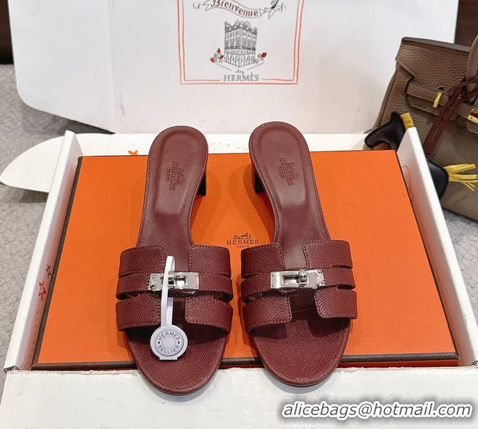 Original Cheap Hermes H Oran Kelly Buckle Heeled Slides Sandals Burgundy Calfskin Leather 50MM 6053101