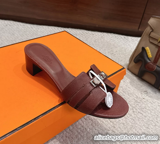 Original Cheap Hermes H Oran Kelly Buckle Heeled Slides Sandals Burgundy Calfskin Leather 50MM 6053101