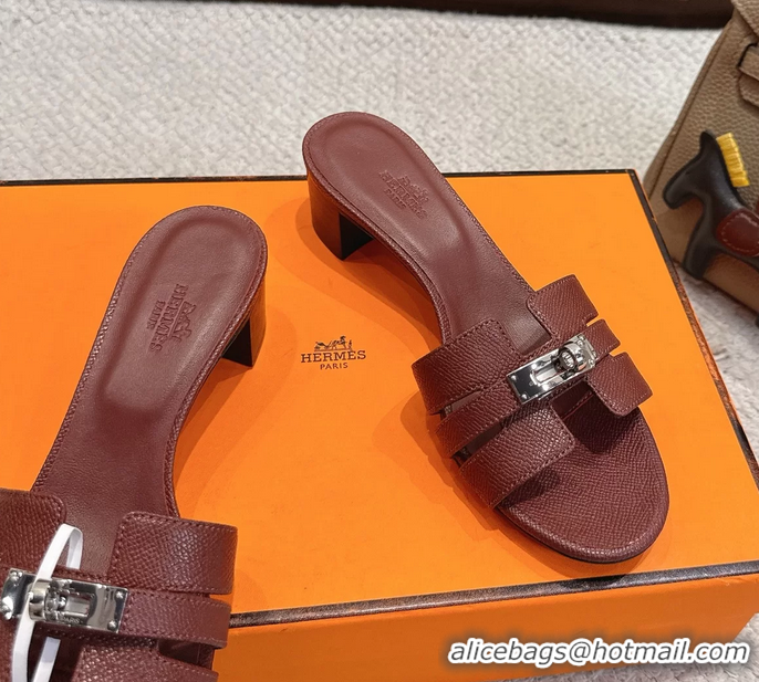 Original Cheap Hermes H Oran Kelly Buckle Heeled Slides Sandals Burgundy Calfskin Leather 50MM 6053101