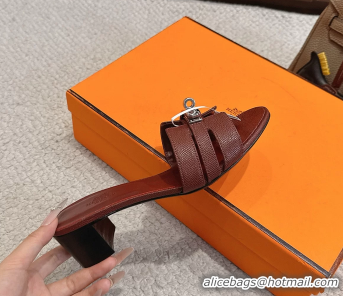 Original Cheap Hermes H Oran Kelly Buckle Heeled Slides Sandals Burgundy Calfskin Leather 50MM 6053101