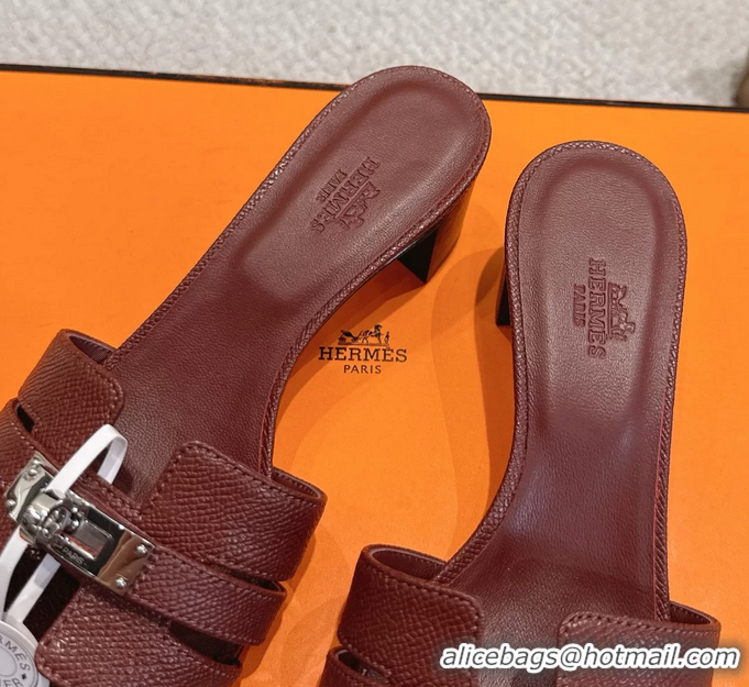 Original Cheap Hermes H Oran Kelly Buckle Heeled Slides Sandals Burgundy Calfskin Leather 50MM 6053101