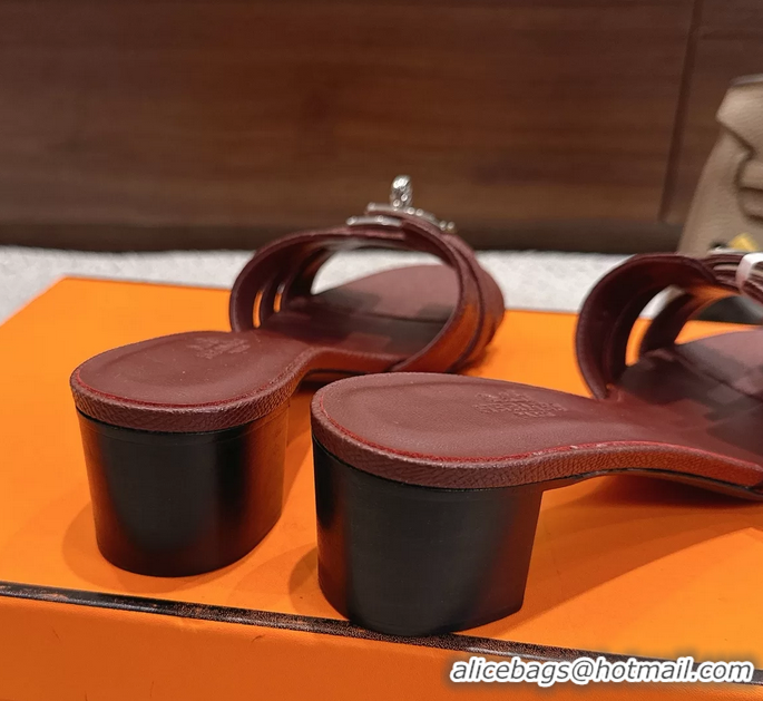 Original Cheap Hermes H Oran Kelly Buckle Heeled Slides Sandals Burgundy Calfskin Leather 50MM 6053101