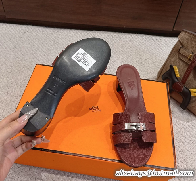 Original Cheap Hermes H Oran Kelly Buckle Heeled Slides Sandals Burgundy Calfskin Leather 50MM 6053101