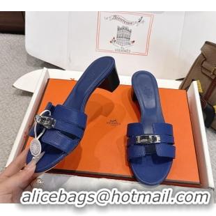Trendy Design Hermes H Oran Kelly Buckle Heeled Slides Sandals Blue Calfskin Leather 50MM 6053101
