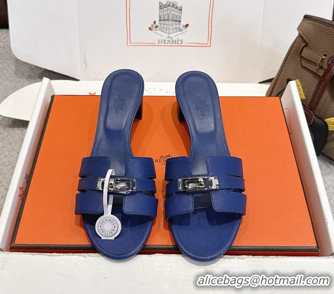 Trendy Design Hermes H Oran Kelly Buckle Heeled Slides Sandals Blue Calfskin Leather 50MM 6053101
