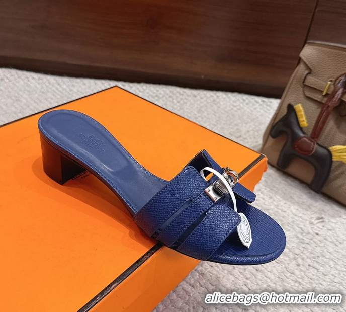 Trendy Design Hermes H Oran Kelly Buckle Heeled Slides Sandals Blue Calfskin Leather 50MM 6053101