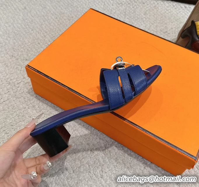 Trendy Design Hermes H Oran Kelly Buckle Heeled Slides Sandals Blue Calfskin Leather 50MM 6053101