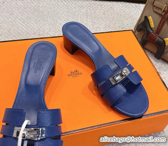 Trendy Design Hermes H Oran Kelly Buckle Heeled Slides Sandals Blue Calfskin Leather 50MM 6053101