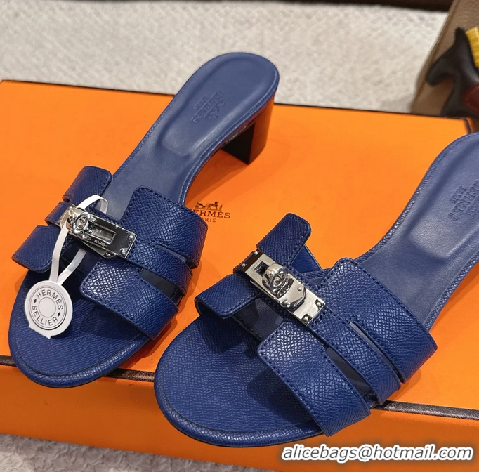 Trendy Design Hermes H Oran Kelly Buckle Heeled Slides Sandals Blue Calfskin Leather 50MM 6053101