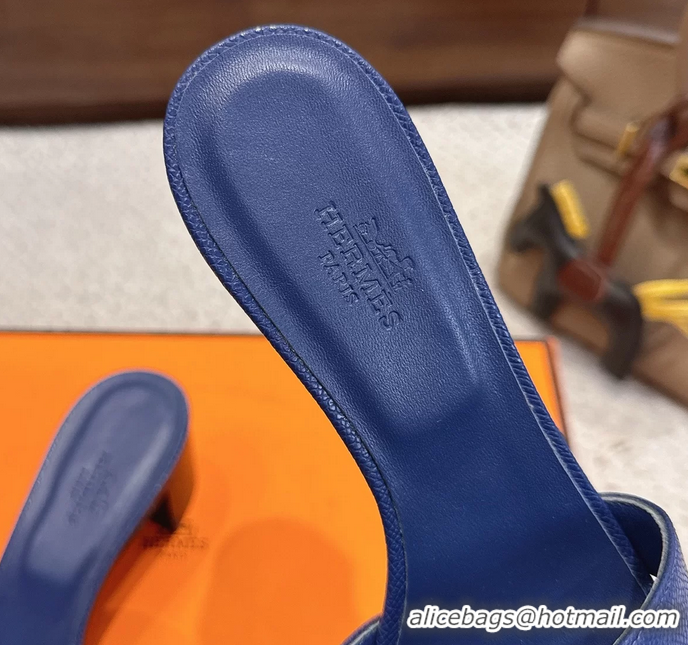 Trendy Design Hermes H Oran Kelly Buckle Heeled Slides Sandals Blue Calfskin Leather 50MM 6053101