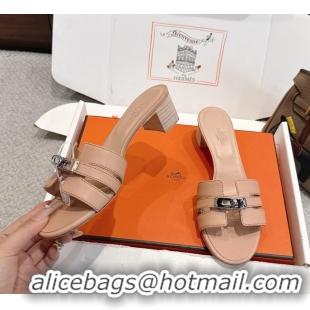 Buy Cheapest Hermes H Oran Kelly Buckle Heeled Slides Sandals Beige Calfskin Leather 50MM 6053101