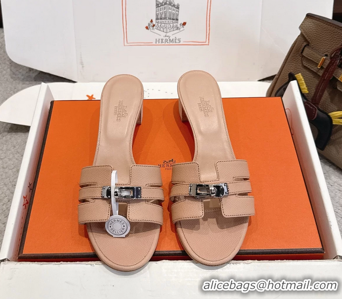 Buy Cheapest Hermes H Oran Kelly Buckle Heeled Slides Sandals Beige Calfskin Leather 50MM 6053101