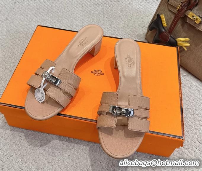 Buy Cheapest Hermes H Oran Kelly Buckle Heeled Slides Sandals Beige Calfskin Leather 50MM 6053101