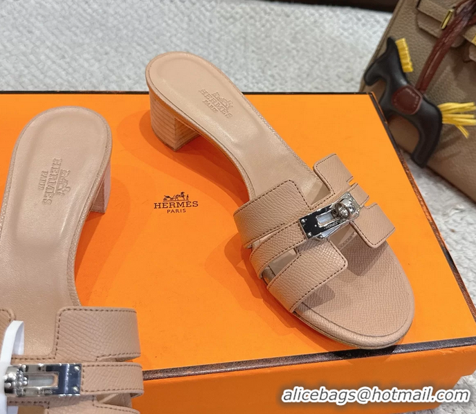 Buy Cheapest Hermes H Oran Kelly Buckle Heeled Slides Sandals Beige Calfskin Leather 50MM 6053101