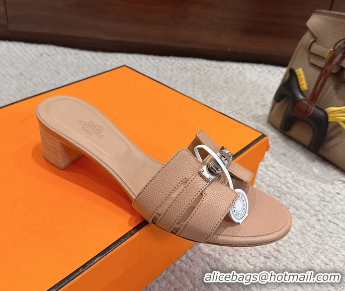 Buy Cheapest Hermes H Oran Kelly Buckle Heeled Slides Sandals Beige Calfskin Leather 50MM 6053101