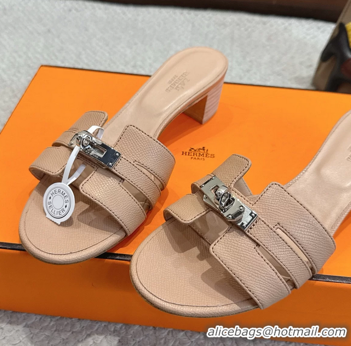 Buy Cheapest Hermes H Oran Kelly Buckle Heeled Slides Sandals Beige Calfskin Leather 50MM 6053101
