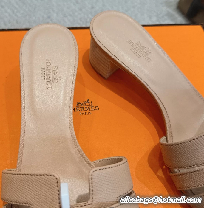 Buy Cheapest Hermes H Oran Kelly Buckle Heeled Slides Sandals Beige Calfskin Leather 50MM 6053101