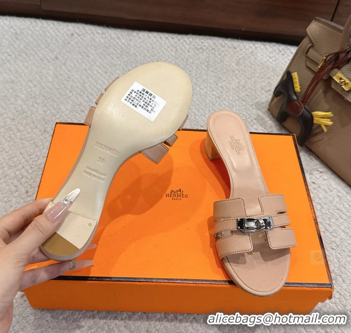 Buy Cheapest Hermes H Oran Kelly Buckle Heeled Slides Sandals Beige Calfskin Leather 50MM 6053101