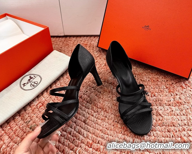 Durable Hermes Lipstick High Heeled Sandals Black Shiny Lizard Leather 65MM 6053102
