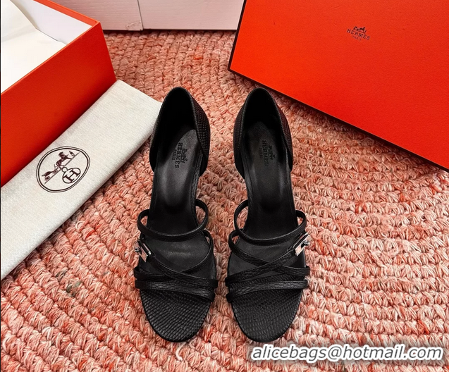 Durable Hermes Lipstick High Heeled Sandals Black Shiny Lizard Leather 65MM 6053102