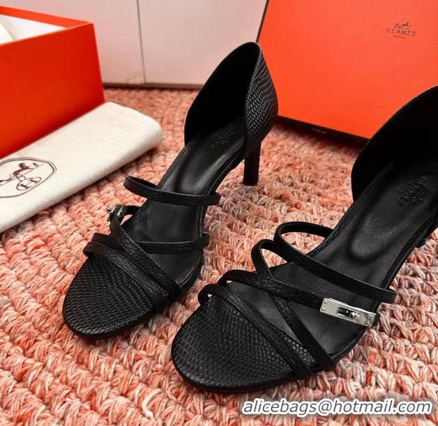 Durable Hermes Lipstick High Heeled Sandals Black Shiny Lizard Leather 65MM 6053102
