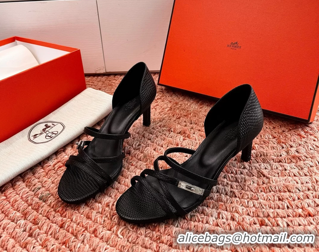 Durable Hermes Lipstick High Heeled Sandals Black Shiny Lizard Leather 65MM 6053102
