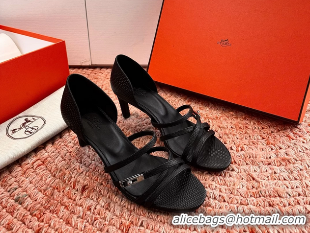 Durable Hermes Lipstick High Heeled Sandals Black Shiny Lizard Leather 65MM 6053102