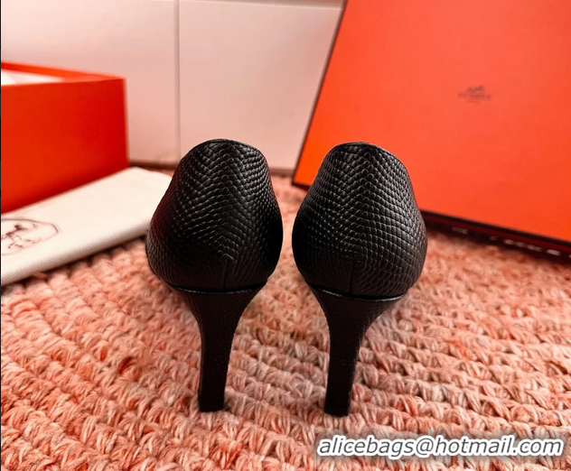 Durable Hermes Lipstick High Heeled Sandals Black Shiny Lizard Leather 65MM 6053102
