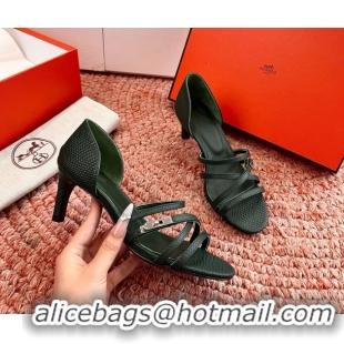 Fashion Hermes Lipstick High Heeled Sandals Green Shiny Lizard Leather 65MM 6053102