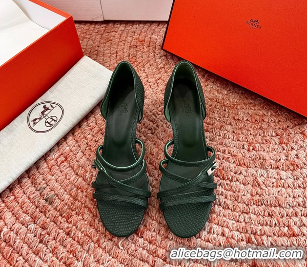 Fashion Hermes Lipstick High Heeled Sandals Green Shiny Lizard Leather 65MM 6053102