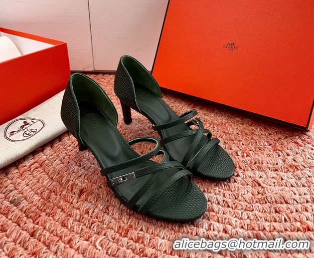 Fashion Hermes Lipstick High Heeled Sandals Green Shiny Lizard Leather 65MM 6053102