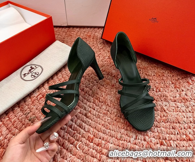 Fashion Hermes Lipstick High Heeled Sandals Green Shiny Lizard Leather 65MM 6053102