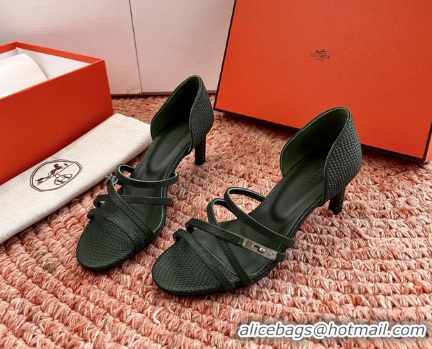 Fashion Hermes Lipstick High Heeled Sandals Green Shiny Lizard Leather 65MM 6053102