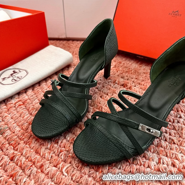 Fashion Hermes Lipstick High Heeled Sandals Green Shiny Lizard Leather 65MM 6053102